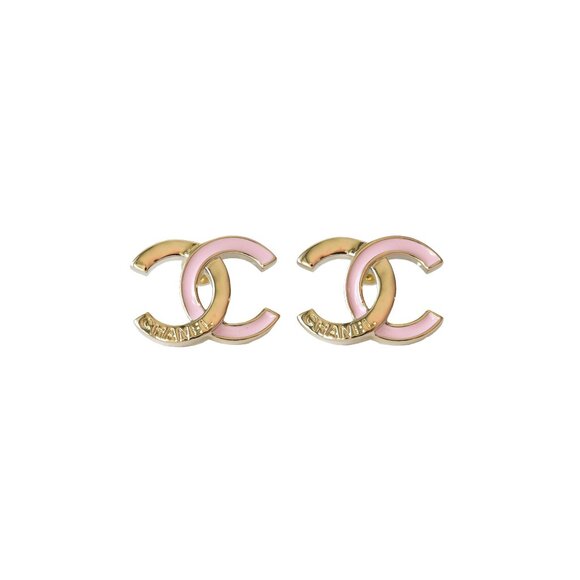Chanel CC Stud Earrings Engraved Pink Enamel Gold - Picture 1 of 1